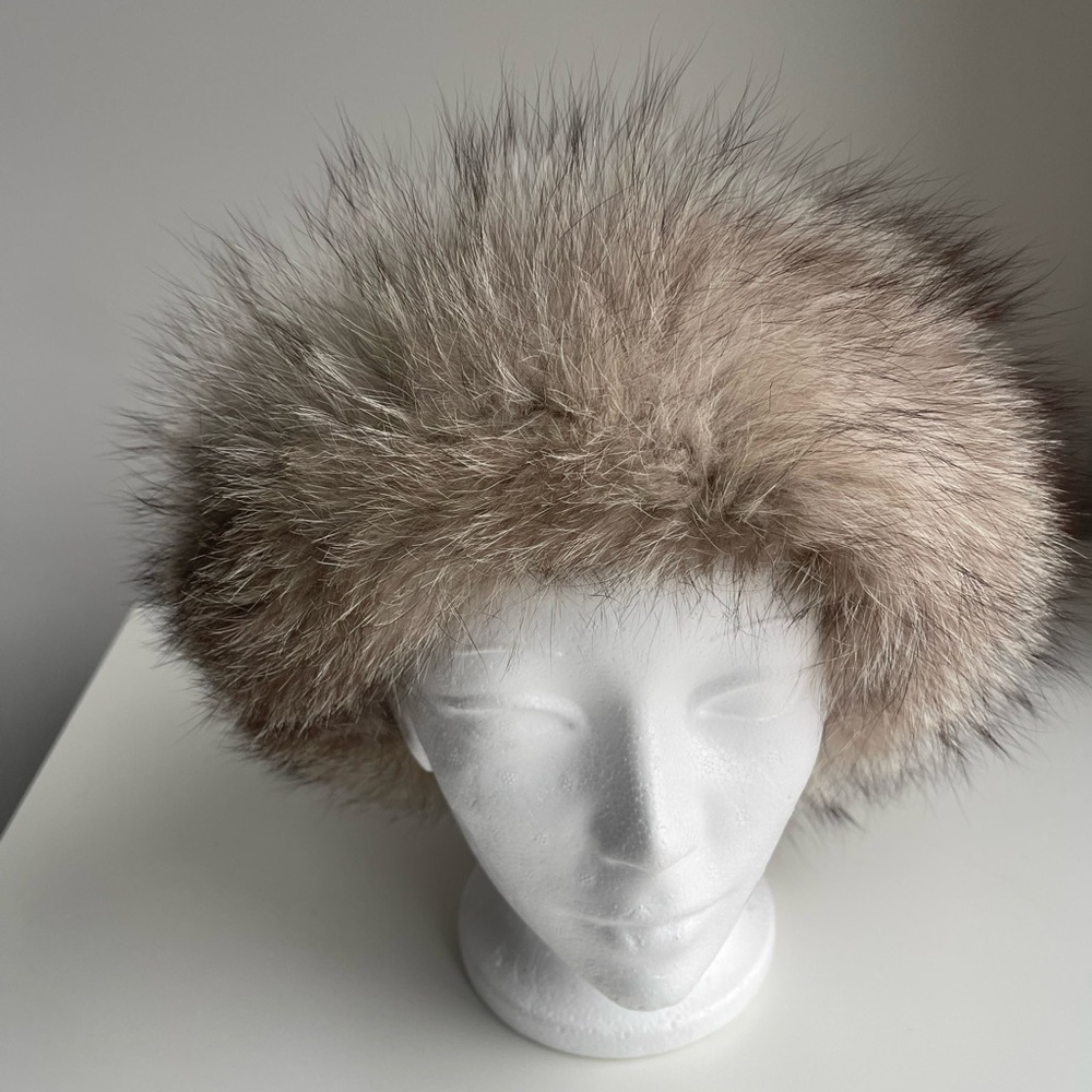 RAVEL Silver Fox Fur Headband style hat with leather & suede back